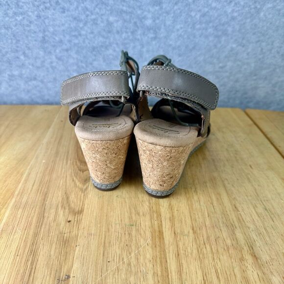 CLARKS Cushion Helio Mindin Lace Cork Taupe Wedge Sandal Womens Size 8 M Heels - Picture 5 of 10